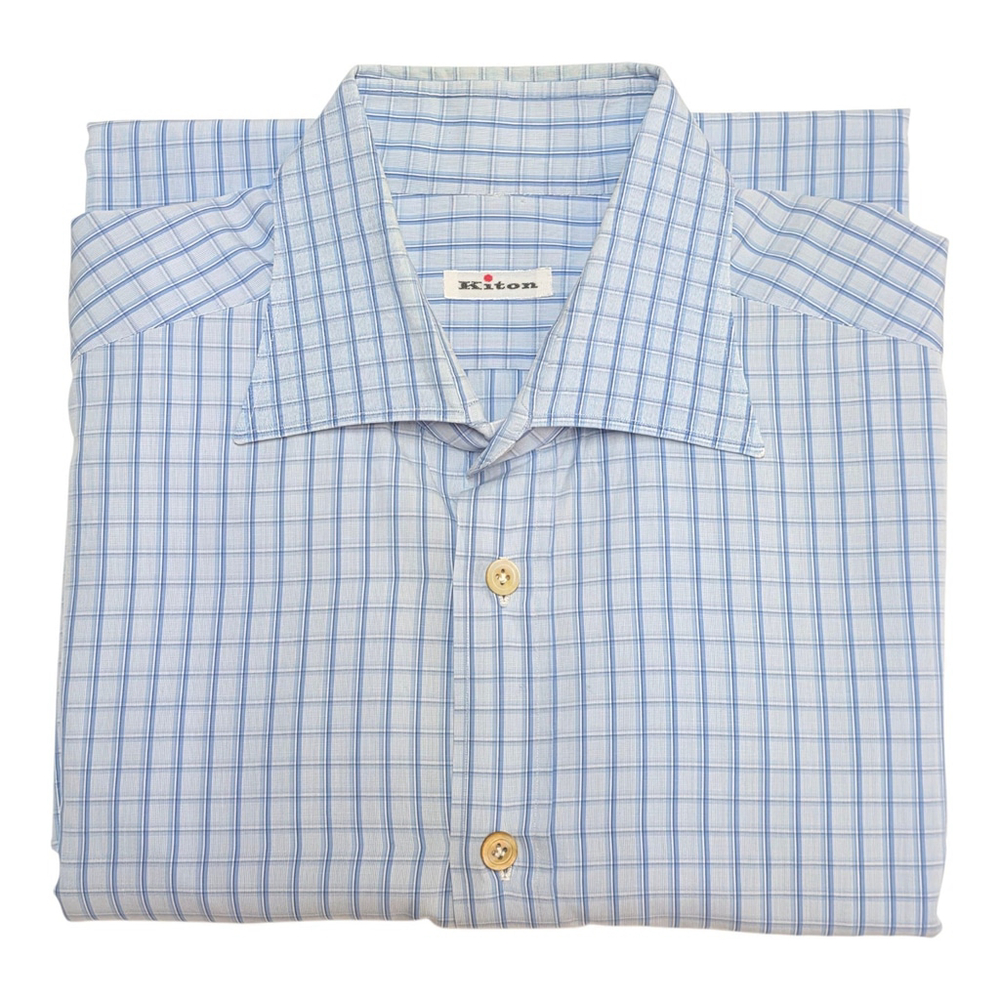 Quiet Luxury Kiton Dress Shirt Men 16.5 / 42 Blue Check Cotton Italy Workwear - Picture 3 of 16